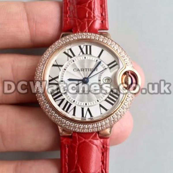 Attractive Diamond Bezels Ballon Bleu De Cartier Copy Watches With Pretty Red Straps Sale