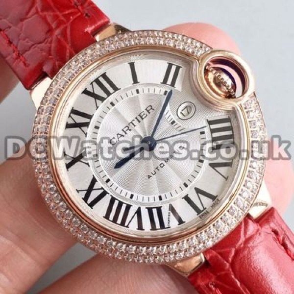 Attractive Diamond Bezels Ballon Bleu De Cartier Copy Watches With Pretty Red Straps Sale