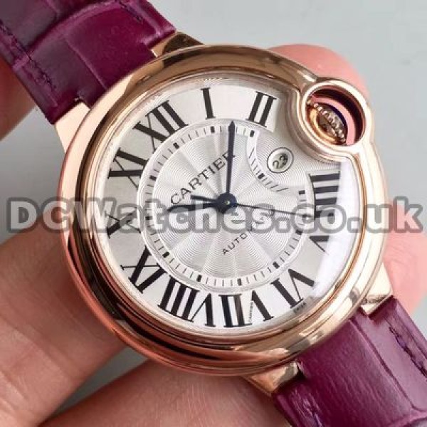 Shiny Purple Crocodile Straps And White Dials Ballon Bleu De Cartier Replica Watches For Hot Sale