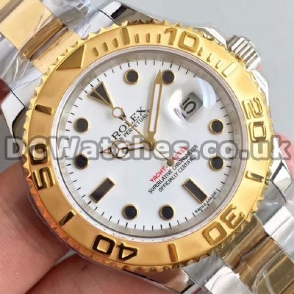 Shiny Male Gold & Steel Bracelets Rolex Yacht-Master Copy Watches With White Dials
