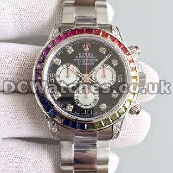 Sturdy Steel Cases 40MM Male Rolex Daytona Copy Watches With Black Dials And Diamond Indexes