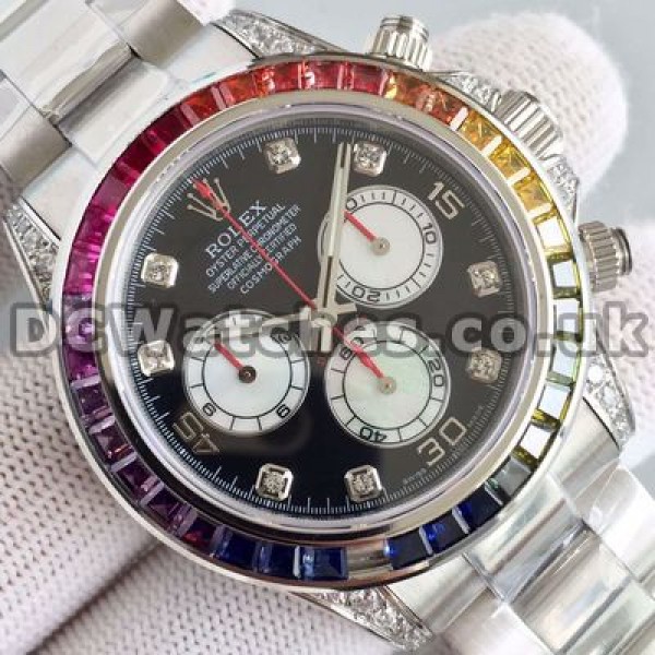 Sturdy Steel Cases 40MM Male Rolex Daytona Copy Watches With Black Dials And Diamond Indexes