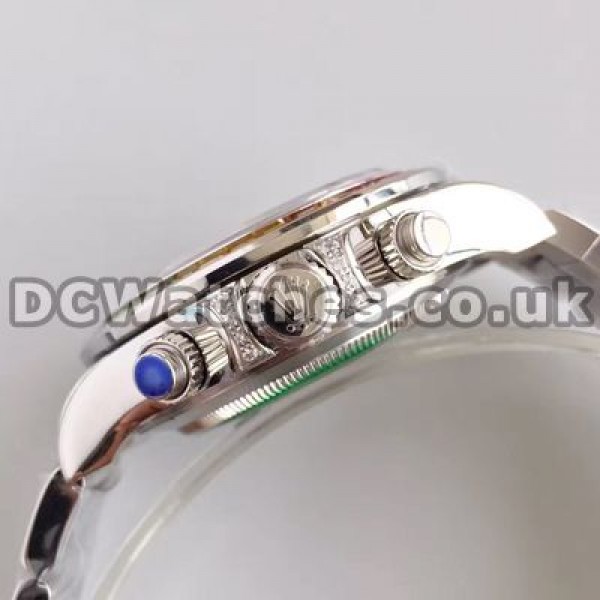 Sturdy Steel Cases 40MM Male Rolex Daytona Copy Watches With Black Dials And Diamond Indexes