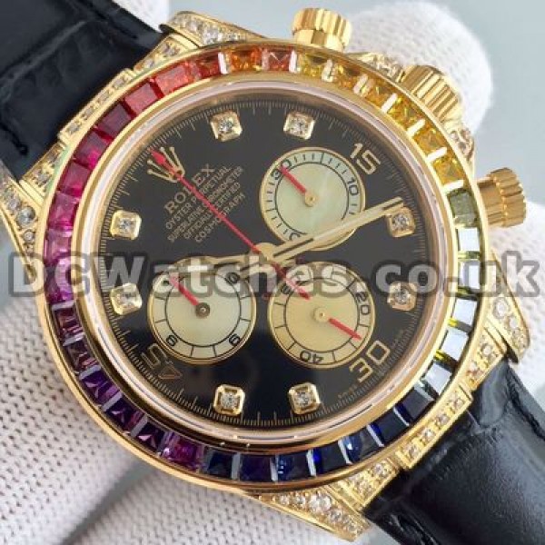 Luxury Black Crocodile Straps Rolex Daytona Replica Watches Online For Men With Gold Steel Cases