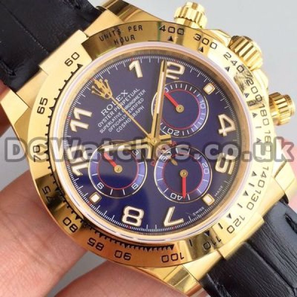 Distinctive 40MM Male Blue Dials Rolex Daytona Replica Watches Sale With Black Crocodile Straps