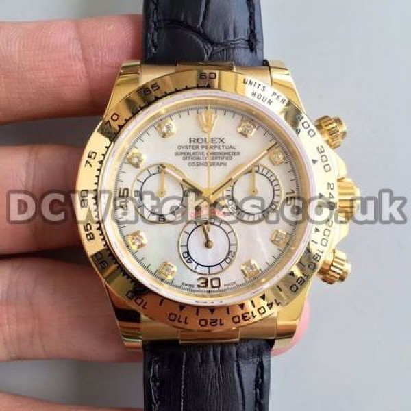 Fashionable 40MM Male Diamond Indexes Rolex Daytona Replica Watches With White Dials And Black Straps