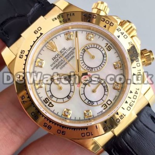 Fashionable 40MM Male Diamond Indexes Rolex Daytona Replica Watches With White Dials And Black Straps