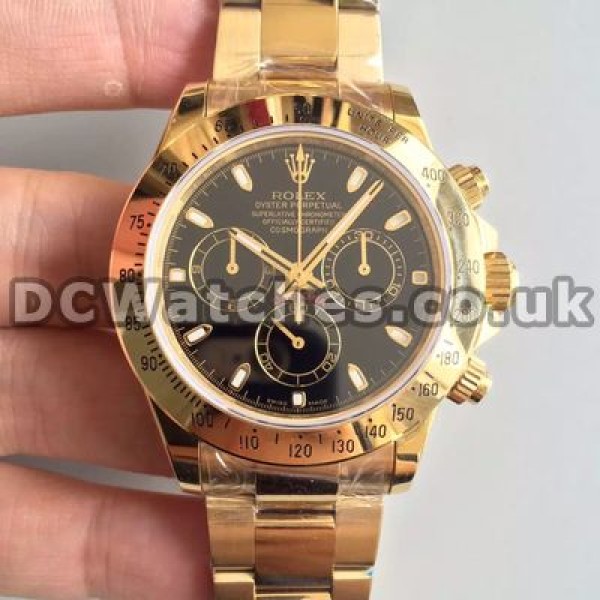 High-end Gold Steel Cases And Bracelets Rolex Daytona Copy Watches Sale With Black Dials For Men