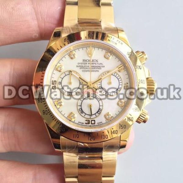 Charming 	Male 40MM Gold Steel Cases And Diamond Indexes Rolex Daytona Fake Watches Online Sale