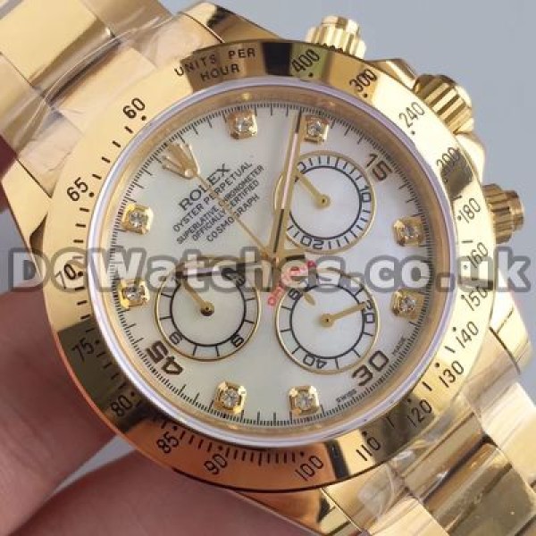 Charming 	Male 40MM Gold Steel Cases And Diamond Indexes Rolex Daytona Fake Watches Online Sale