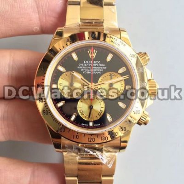 Fashionable Gold Steel Bracelets Rolex Daytona Copy Watches With Black Dials For Men