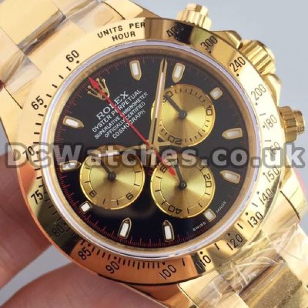Fashionable Gold Steel Bracelets Rolex Daytona Copy Watches With Black Dials For Men