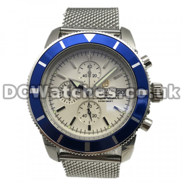 Fresh Blue Bezels And White Dials Breitling SuperOcean Heritage Fake Watches For Men With Steel Cases