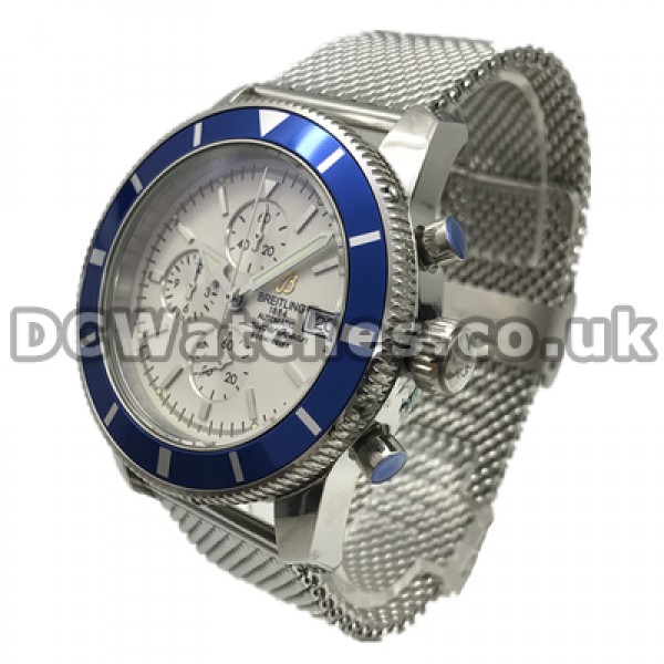 Fresh Blue Bezels And White Dials Breitling SuperOcean Heritage Fake Watches For Men With Steel Cases