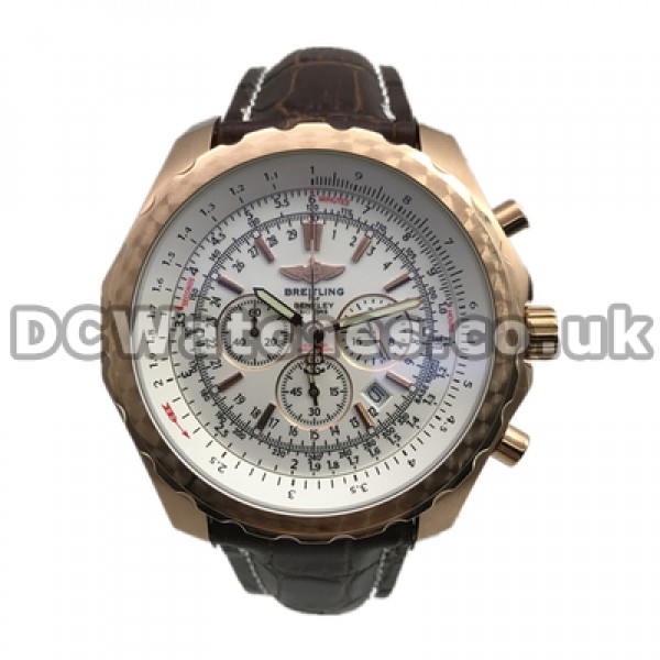 Charming 48MM Rose Gold Steel Cases Breitling Bentley Copy Watches With Brown Crocodile Straps For Men