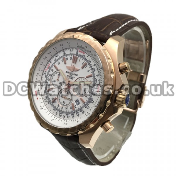 Charming 48MM Rose Gold Steel Cases Breitling Bentley Copy Watches With Brown Crocodile Straps For Men