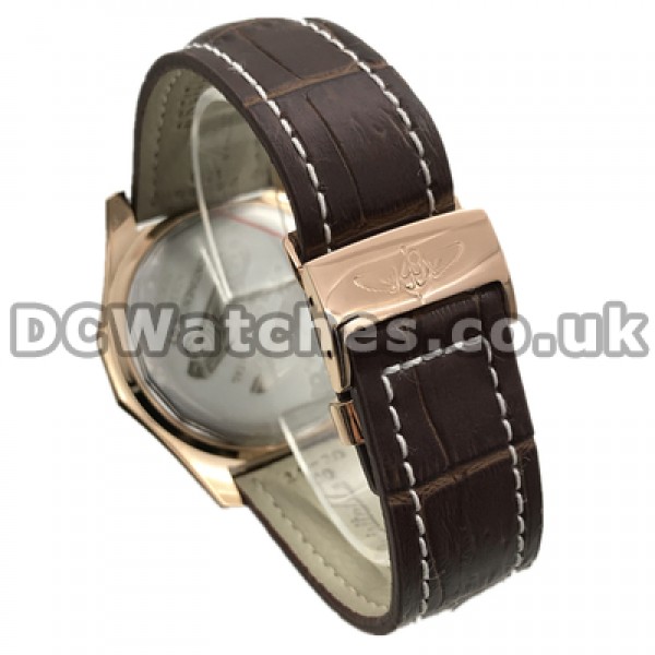 Charming 48MM Rose Gold Steel Cases Breitling Bentley Copy Watches With Brown Crocodile Straps For Men
