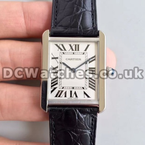 Graceful Black Crocodile Straps Cartier Tank Solo Fake Watches Online With Steel Cases