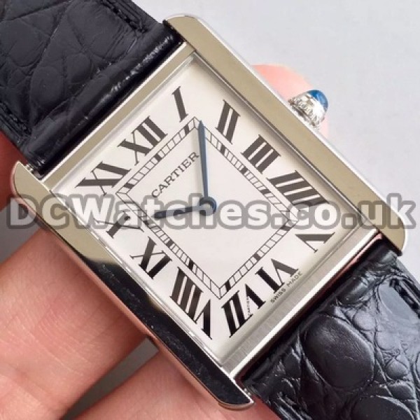 Graceful Black Crocodile Straps Cartier Tank Solo Fake Watches Online With Steel Cases