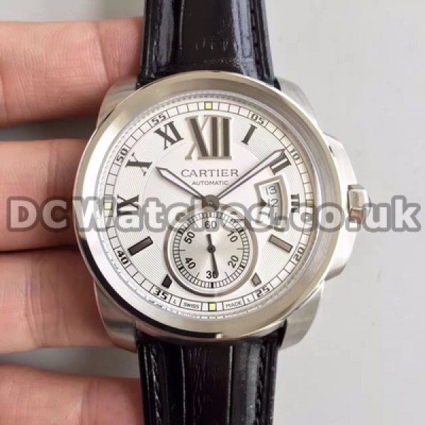 Useful White Dials Male 42MM Calibre De Cartier Replica Watches Online With Black Crocodile Straps