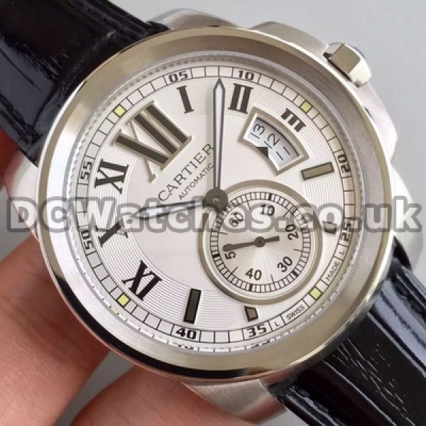 Useful White Dials Male 42MM Calibre De Cartier Replica Watches Online With Black Crocodile Straps