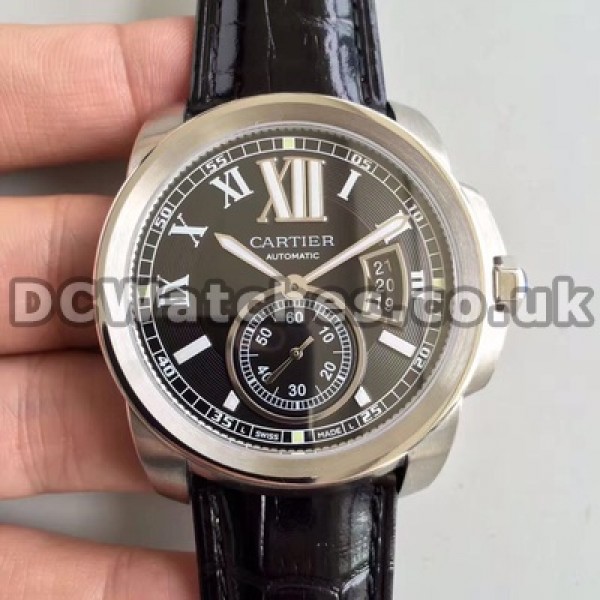 Accurate 42MM Black Dials Calibre De Cartier Fake Watches For Men With Automatic Movements