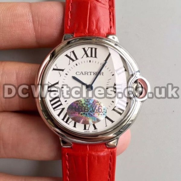 Charming 28MM Red Crocodile Straps Female Ballon Bleu De Cartier Copy Watches With White Dials