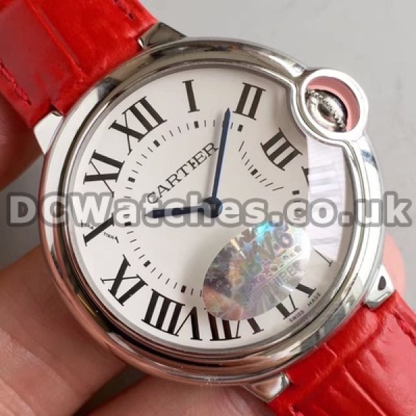 Charming 28MM Red Crocodile Straps Female Ballon Bleu De Cartier Copy Watches With White Dials