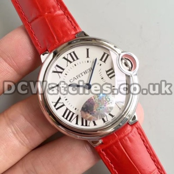 Charming 28MM Red Crocodile Straps Female Ballon Bleu De Cartier Copy Watches With White Dials