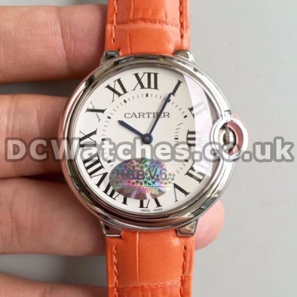 Beautiful Female Orange Crocodile Straps 28Mm Ballon Bleu De Cartier Replica Watches With White Dials