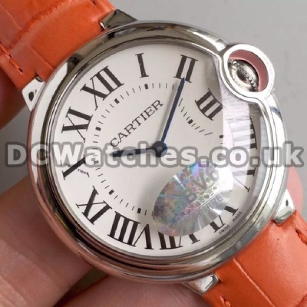 Beautiful Female Orange Crocodile Straps 28Mm Ballon Bleu De Cartier Replica Watches With White Dials