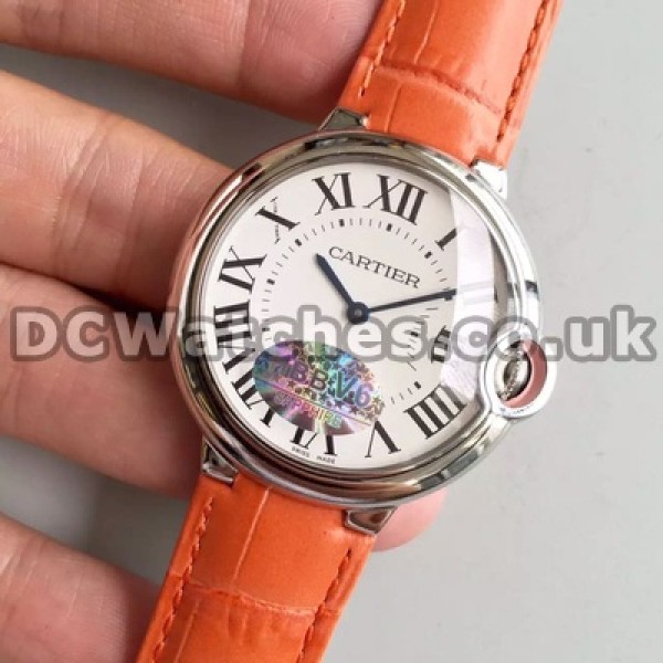 Beautiful Female Orange Crocodile Straps 28Mm Ballon Bleu De Cartier Replica Watches With White Dials