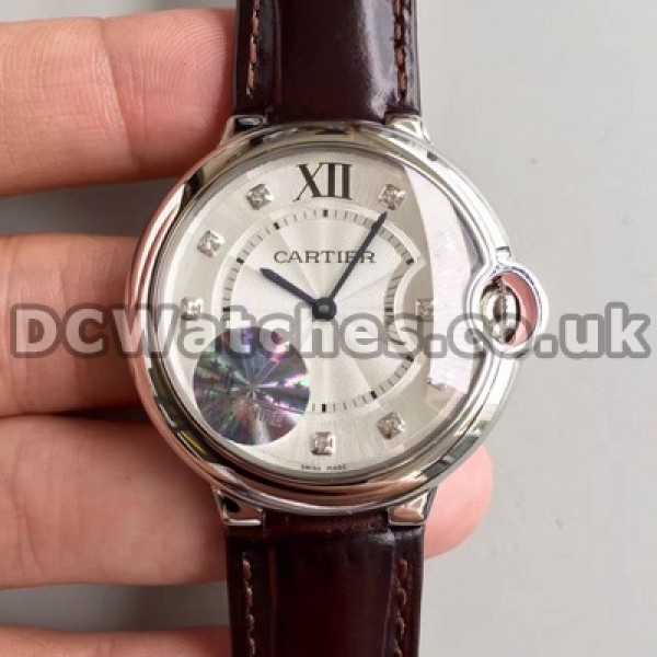 Luxury Diamond Indexes Ballon Bleu De Cartier Fake Watches For Women With Brown Crocodile Straps