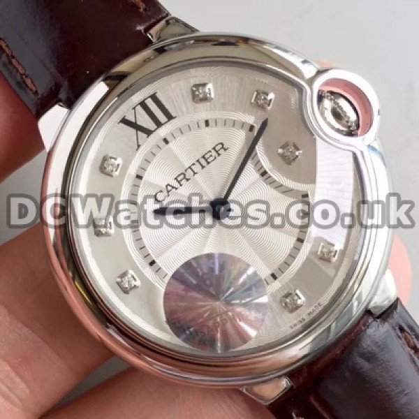 Luxury Diamond Indexes Ballon Bleu De Cartier Fake Watches For Women With Brown Crocodile Straps
