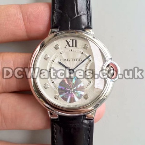 Hot-selling White Dials Ballon Bleu De Cartier Copy Watches For Ladies With Black Crocodile Straps Online