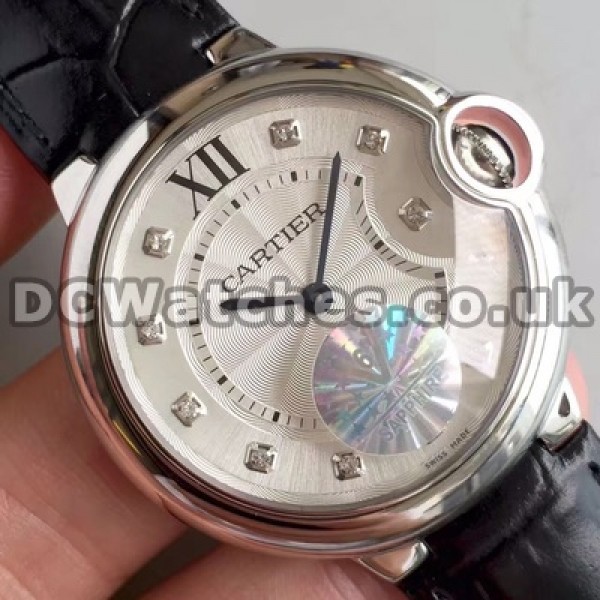 Hot-selling White Dials Ballon Bleu De Cartier Copy Watches For Ladies With Black Crocodile Straps Online