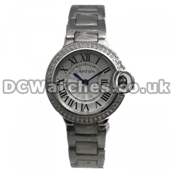 Fashionable Female White Dials Ballon Bleu De Cartier Fake Watches With Steel Cases Set Auger