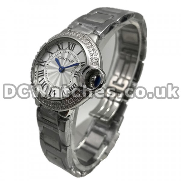Fashionable Female White Dials Ballon Bleu De Cartier Fake Watches With Steel Cases Set Auger