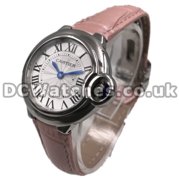 Stylish 28MM Swiss Female Quartz Movements Ballon Bleu De Cartier Copy Watches Sale With Pink Straps