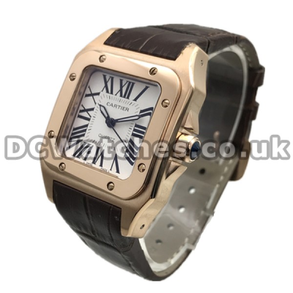 Elegant Rose Gold Steel Cases Cartier Santos 100 Replica Watches For Women With Brown Crocodile Straps