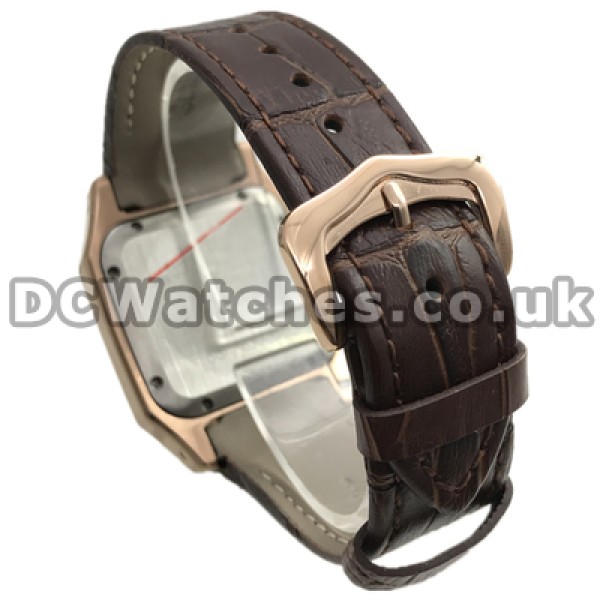 Elegant Rose Gold Steel Cases Cartier Santos 100 Replica Watches For Women With Brown Crocodile Straps