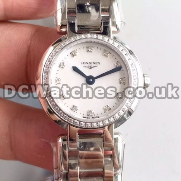 Glorious Dimaond Indexes Female Longines Primaluna Fake Watches Sale With Steel Cases Set Auger
