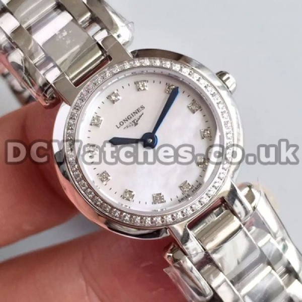 Glorious Dimaond Indexes Female Longines Primaluna Fake Watches Sale With Steel Cases Set Auger