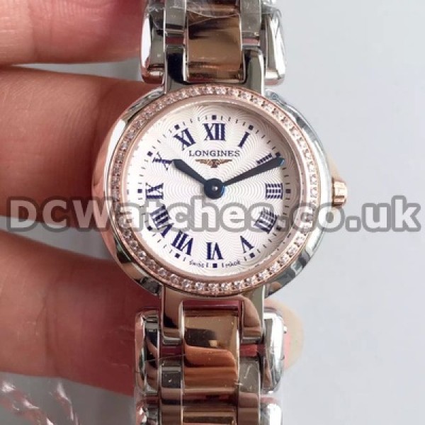 Distinctive Rose Gold & Steel Cases Set Auger Longines Primaluna Fake Watches For Women With White Dials