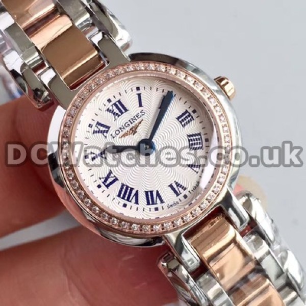 Distinctive Rose Gold & Steel Cases Set Auger Longines Primaluna Fake Watches For Women With White Dials