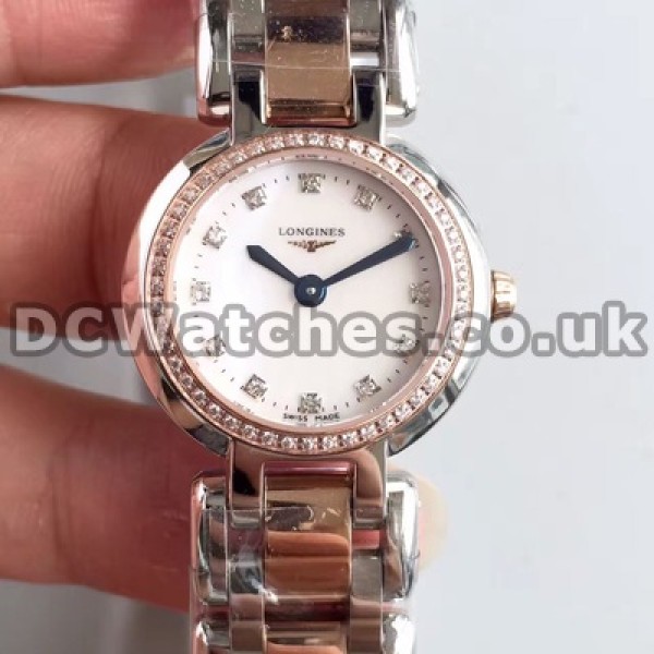 Brilliant Female Rose Gold & Steel Bracelets Longines Primaluna Replica Watches With Shiny Diamond Indexes