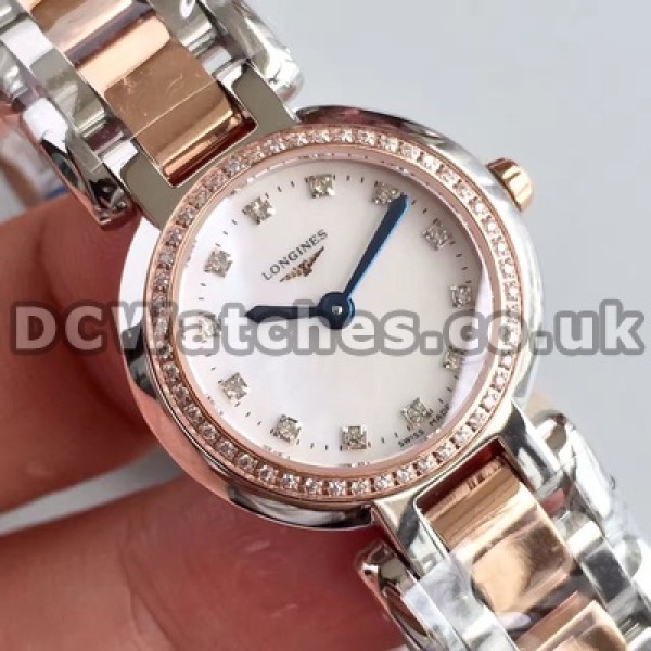 Brilliant Female Rose Gold & Steel Bracelets Longines Primaluna Replica Watches With Shiny Diamond Indexes
