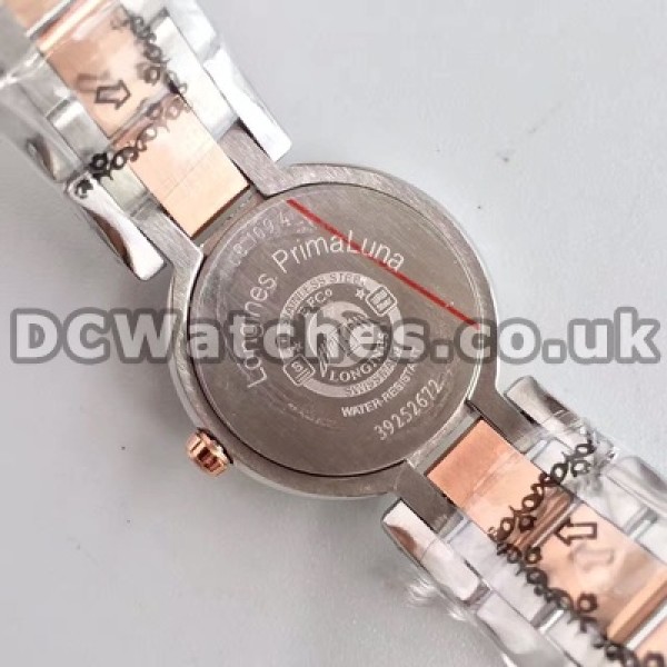 Brilliant Female Rose Gold & Steel Bracelets Longines Primaluna Replica Watches With Shiny Diamond Indexes
