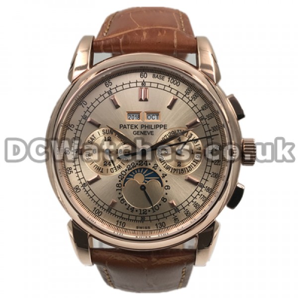 Functional Male 45MM Rose Gold Steel Cases Patek Philippe Complicated Fake Watches With Brown Crocodile Straps