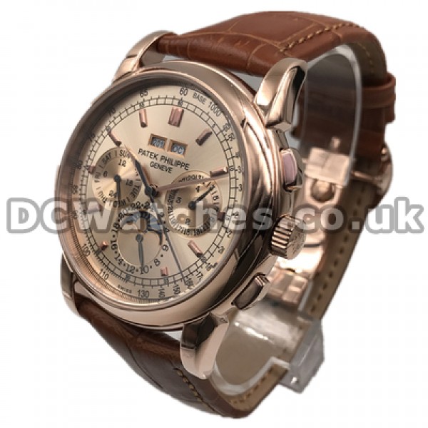 Functional Male 45MM Rose Gold Steel Cases Patek Philippe Complicated Fake Watches With Brown Crocodile Straps